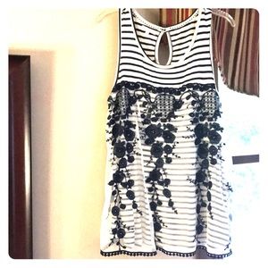 Navy and white floral/striped  tank